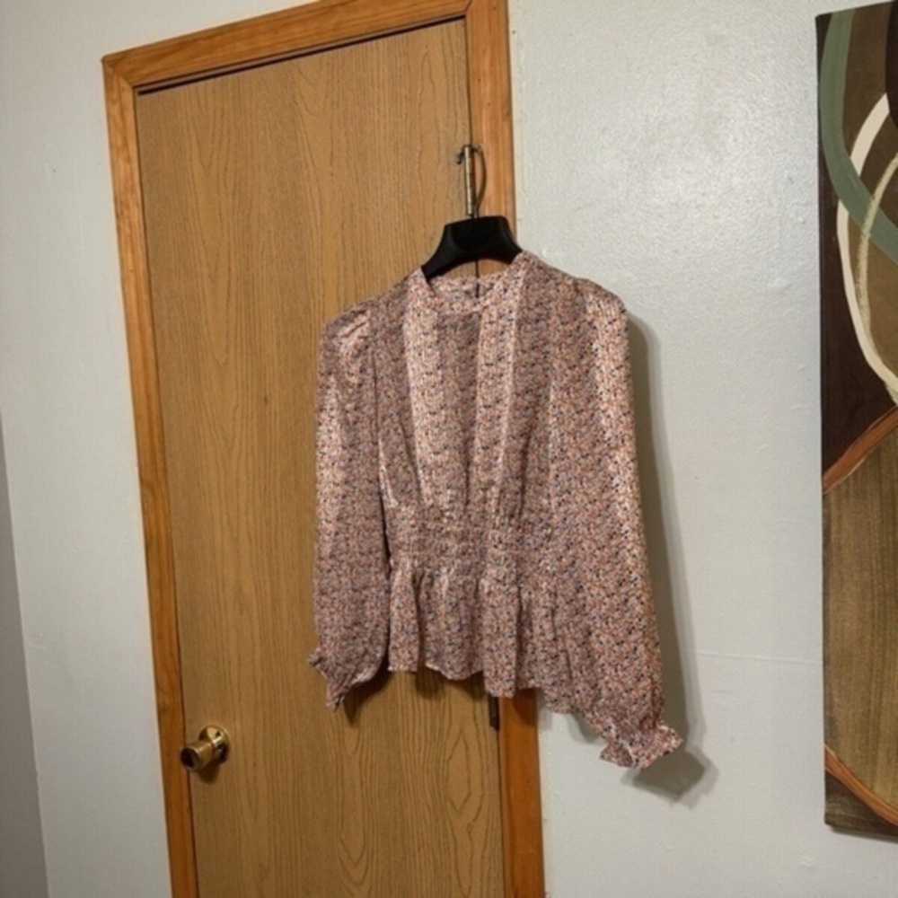 Melrose & Market Small w/Geometric Print Balloon Sleeve Peplum Blouse - EUC